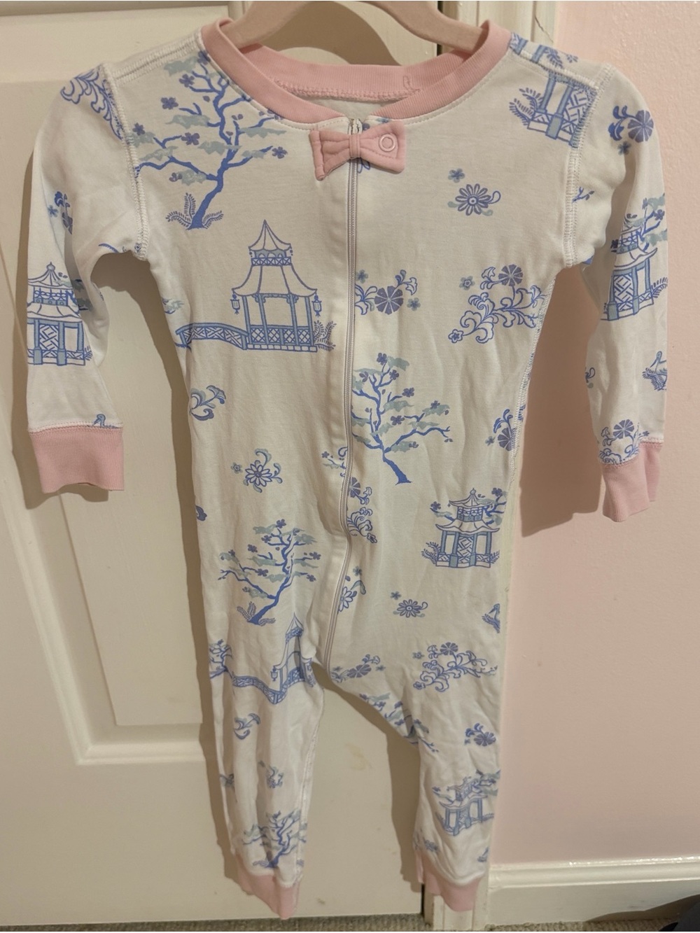 The Beaufort Bonnet Company White One-Piece with Blue Pagoda Print and Pink Trim